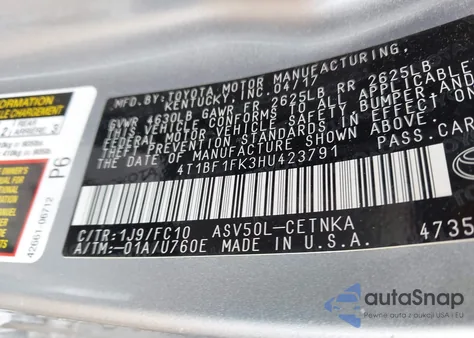 2017 Toyota Camry Le из США, поврежденный, VIN 4T1BF1FK3HU423791